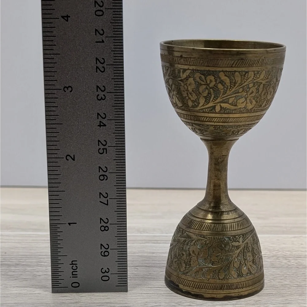 Antique Indian Early 19th Century Brass Minakari Work Double Ended Measuring Cup